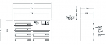 RENZ Briefkastenanlage Aufputz, Tetro, Edelstahl V4A, Kastenformat 370x110x270mm, mit Klingel - & Lichttaster und Vorbereitung Gegensprechanlage, 6-teilig